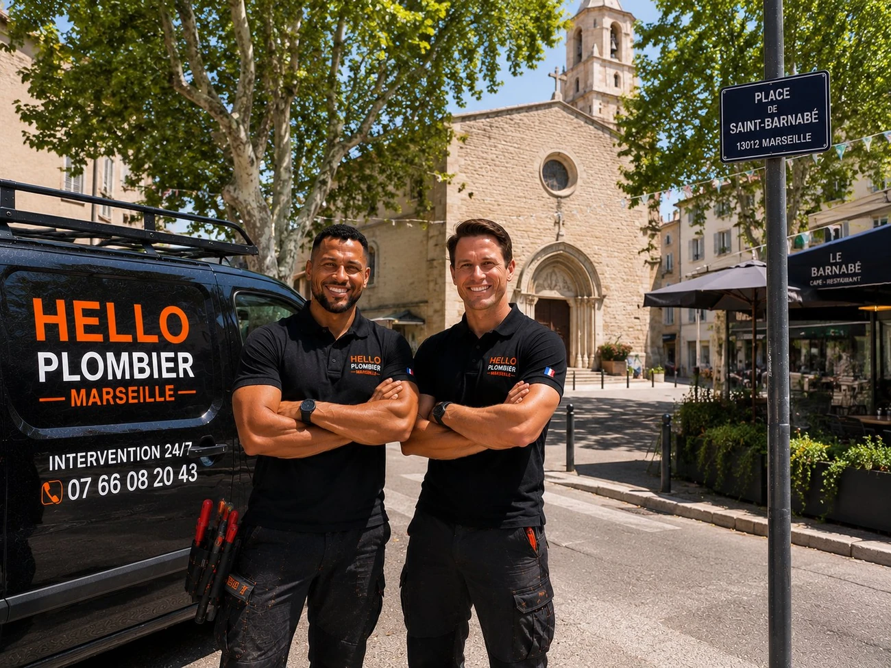 Plombier Marseille 12e (13012) : Medhi et Julien de Hello Plombier devant le van place de Saint-Barnabé — Saint-Barnabé, Les Caillols, Montolivet, dépannage 24h/24