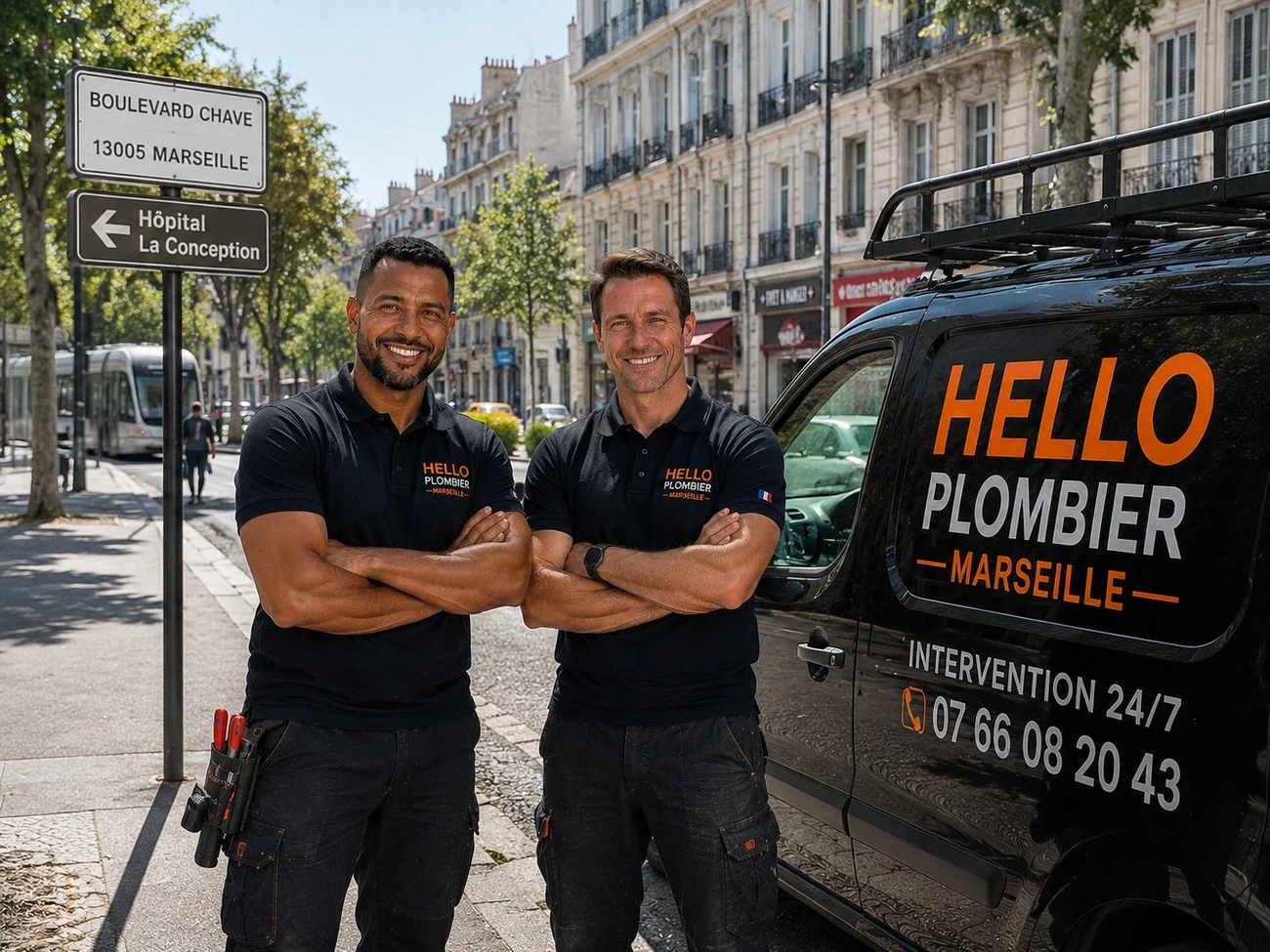 Plombier Marseille 5e (13005) : Medhi et Julien de Hello Plombier devant le van boulevard Chave — Le Camas, La Plaine, Baille, Conception, dépannage 24h/24