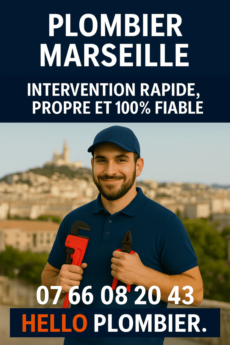 Plombier Marseille tenant ses outils devant la ville, intervention rapide avec Hello Plombier Marseille